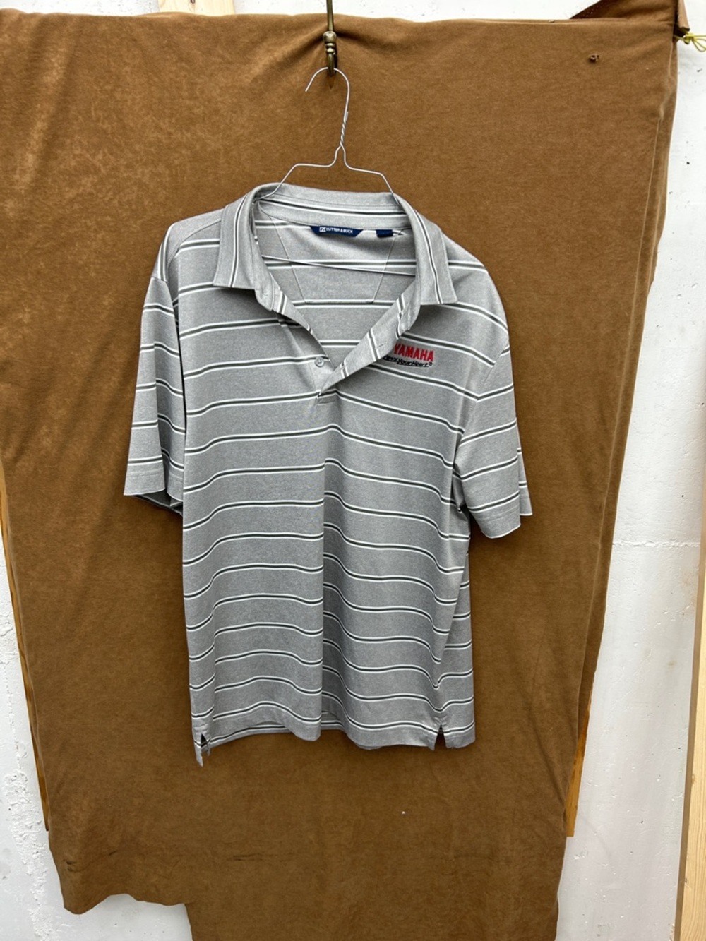 Yamaha Gray & White Striped Men's Polo with Red Logo
